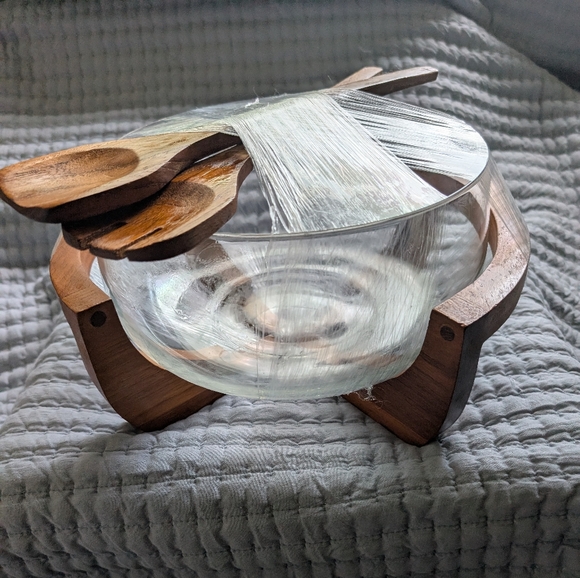 Vintage Glass Bowl with Wooden Stand and Utensils